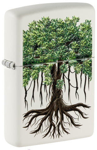 Front shot of ˫ Tree Life Design White Matte Windproof Lighter standing at a 3/4 angle.